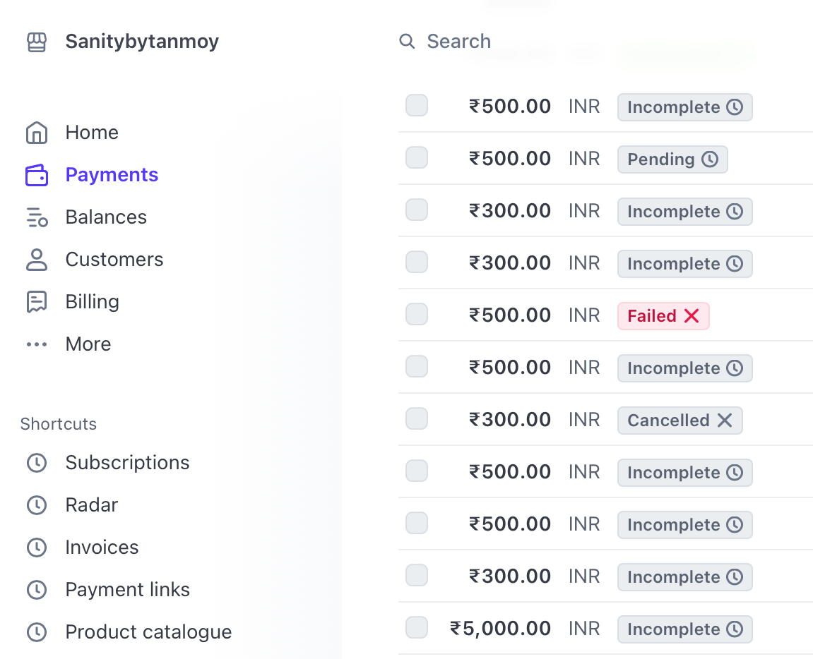 A screenshot of my payments dashboard on Stripe showing a string of failed subscription payments.