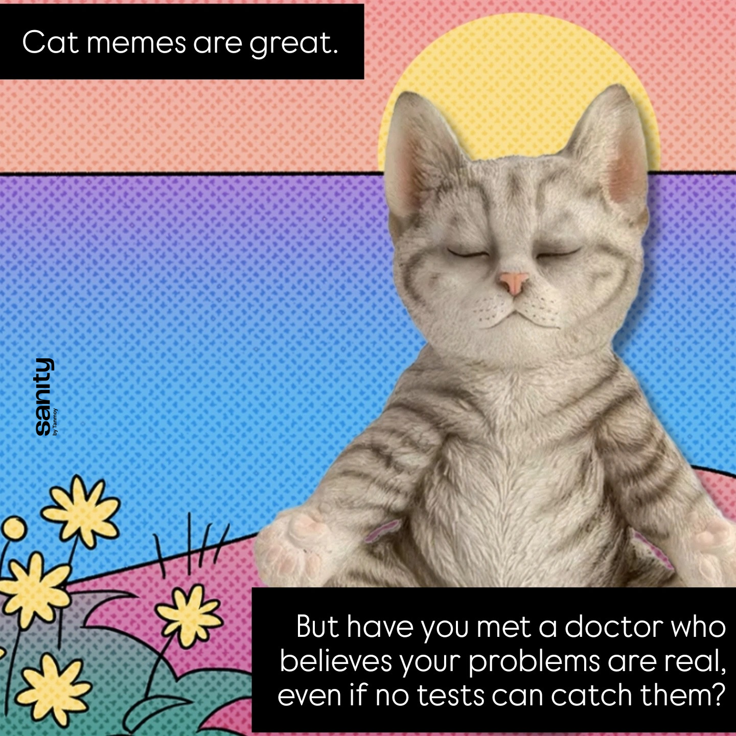 A meditating cat. The text reads: "Cat memes are great. But have you met a doctor who believes your problems are real, even if no tests can catch them?"