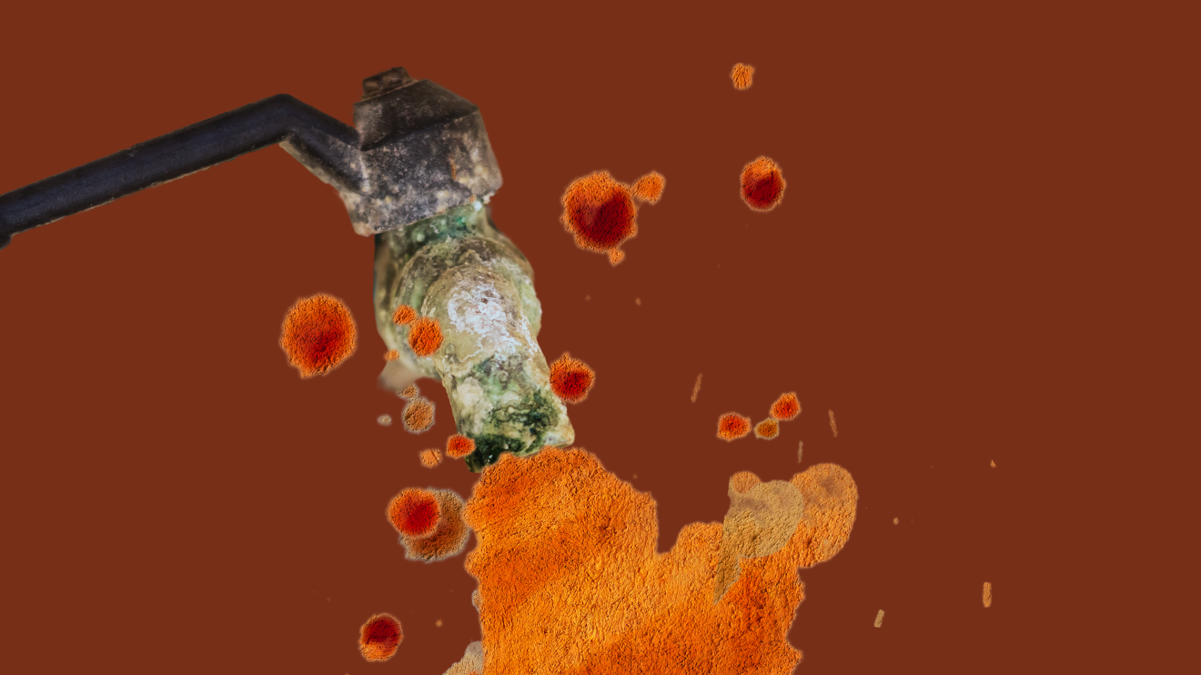 And old rusty tap spews dirty water