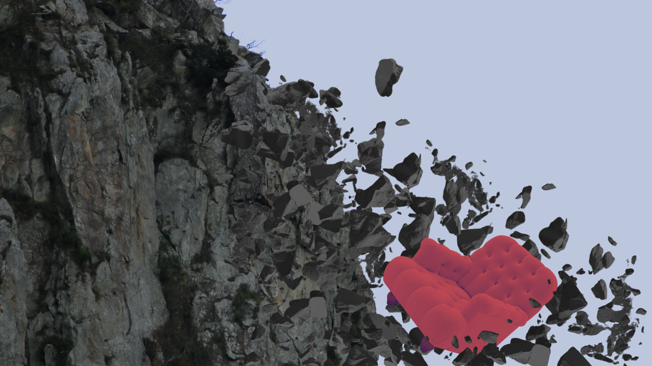 A plush maroon therapy couch is tumbling down a cliff