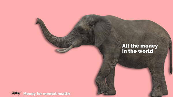 An elephant with the label "All the money in the world" facing an ant with the label "Money for mental health"
