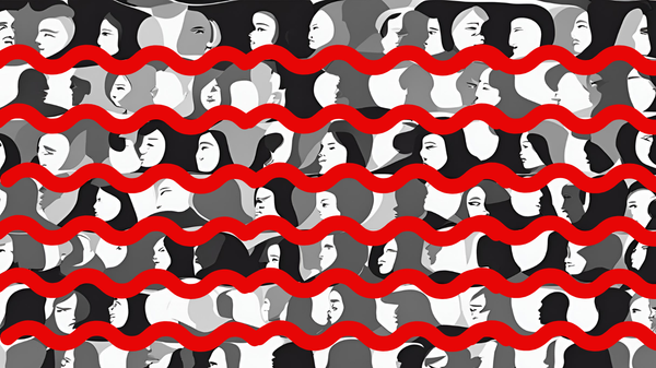Illustration showing rows of black and white human faces, under each row a thick, squiggle red line