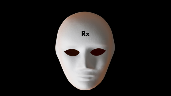 A white mask against a black background. 'Rx' is inscribed one the mask's forehead area.