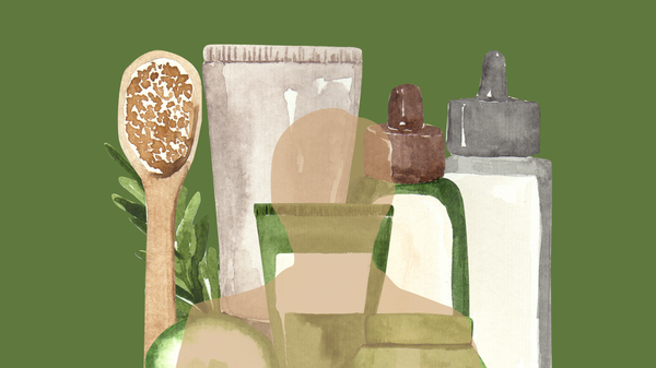 Illustration showing a silhouette of a man superimposed on cosmetic bottles and tubes