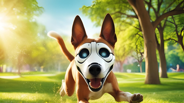 A dog with a robotic face running in the park on a sunny day